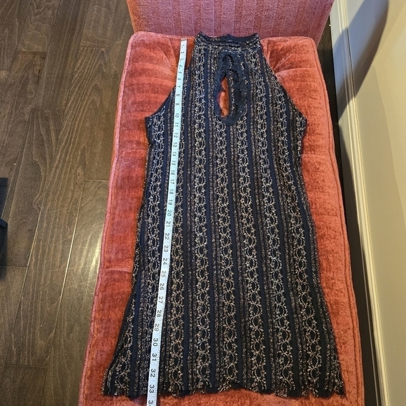 NWT Free People Black & Gold Stretch Lace Mini Dress Button Back Mock Neck Sz. S - Picture 10 of 12